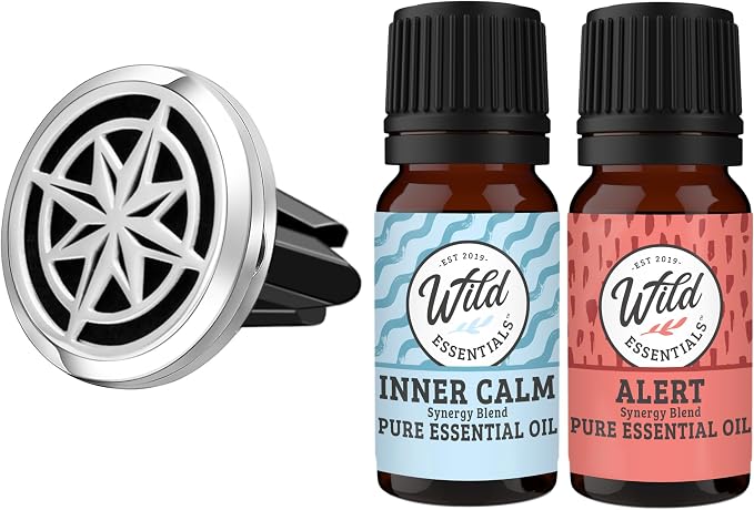 Wild Essentials Nautical Star Essential Oil Car Vent Diffuser Kit – 316L Stainless Steel Locket, Rubber-Coated 4-Way Clip, 8 Color Pads (22mm), 25mm – Includes Alert & Inner Calm (2 x 10ml)