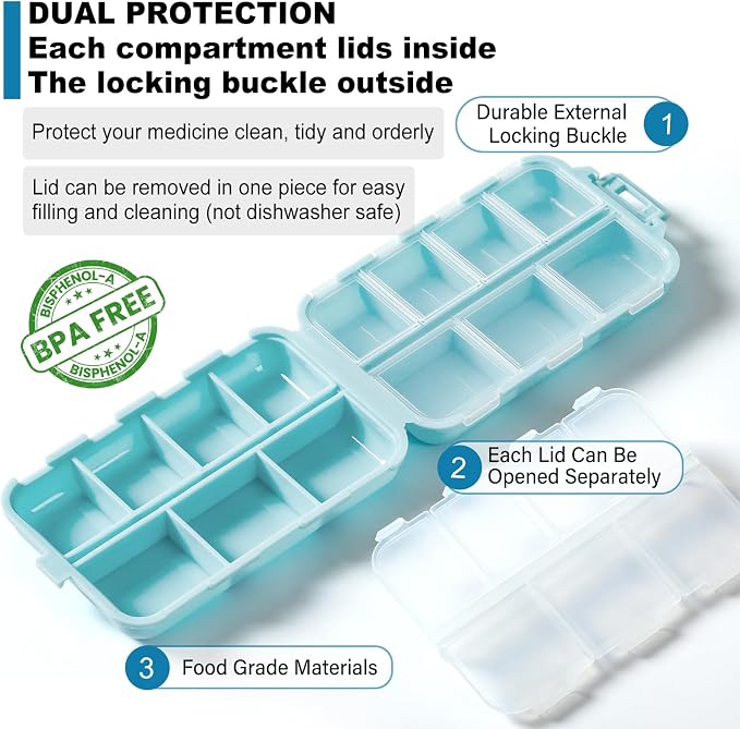 14 GRIDS Travel Pill Organizer Box with Labels - Travel Medicine Case Kit - Pocket Daily Pharmacy Container - Travel Medication Holder Dispenser for Fish Oil Vitamin Supplement Storage - Sky Blue