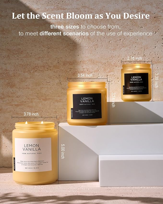 M&SENSE Lemon Vanilla Scented Candles, 19.4oz Organic Soy Wax, 110 Hours Long Lasting Slow Burn, Natural Candles Non Toxic, Fruity Scent Stress Relief Gifts for Women, Home Fragrance for Bath