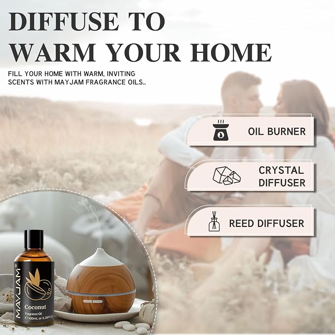 MAYJAM 100ML/3.38FL.OZ Coconut Fragrance Oils with Glass Dropper, Essential Oils for Diffusers for Home, Long Lasting Scented Oils for Diffusers Soap Candle Making
