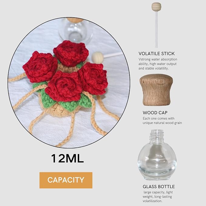 ROFIGL Handmade Crochet Hanging Car Air Freshener - Romantic Red Rose Design, 12ml Refillable Thick Glass Bottle, Car Diffuser for Rearview Mirror, Home & Office Romantic Decor