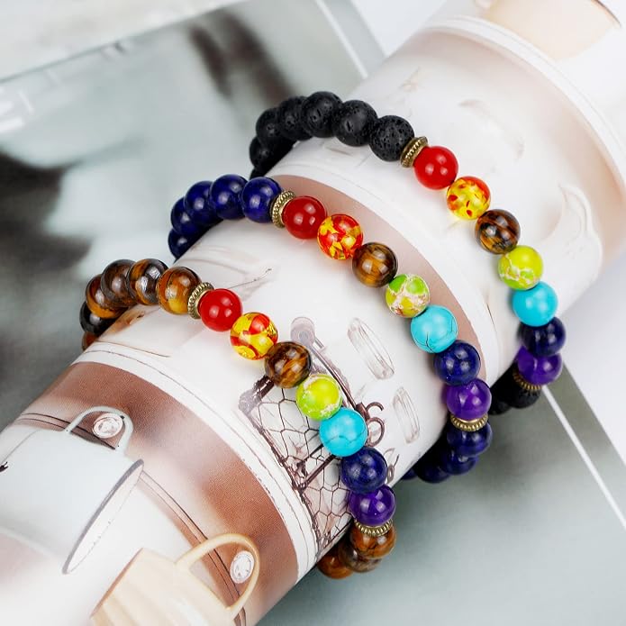 ONESING 2-12 Pcs Chakra Bracelets for Women Rock 7 Chakras Crystals and Healing Stones Bracelets 8mm Crystal Bracelets Yoga Beaded Bracelets for Women Men Essential Oil Diffuser