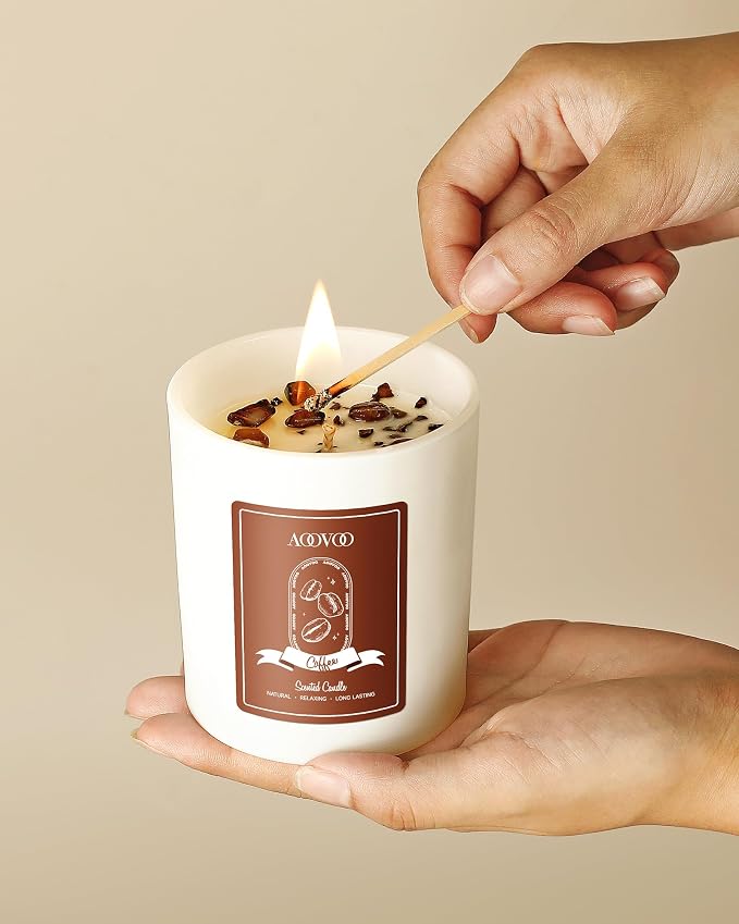 AOOVOO Macchiato Coffee Scented Candles for Women - Aromatherapy Candle with Crystals Inside, 10oz, 60H Burning Time, Soy Candles for Home Scented, Birthday Gifts Valentines Day Candle for Women Mom