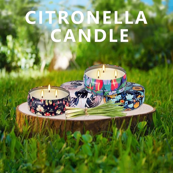 Tropical Printed Citronella Candles, Set of 4 x 13.5 oz Large Scented Candles with Natural Cotton Wicks - Made with Natural Soy Wax, for Home, Patio, Garden, Camping or as a Summer Housewarming Gift