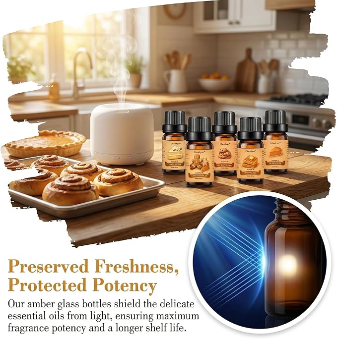 Bakery Essential Oils Set for Diffusers 6x10ml-Chocolate Cookies,Vanilla Cake,Cinnamon Rolls,Pumpkin Pie,Gingerbread,Waffles,Fragrance Oils for Candle&Soap Making