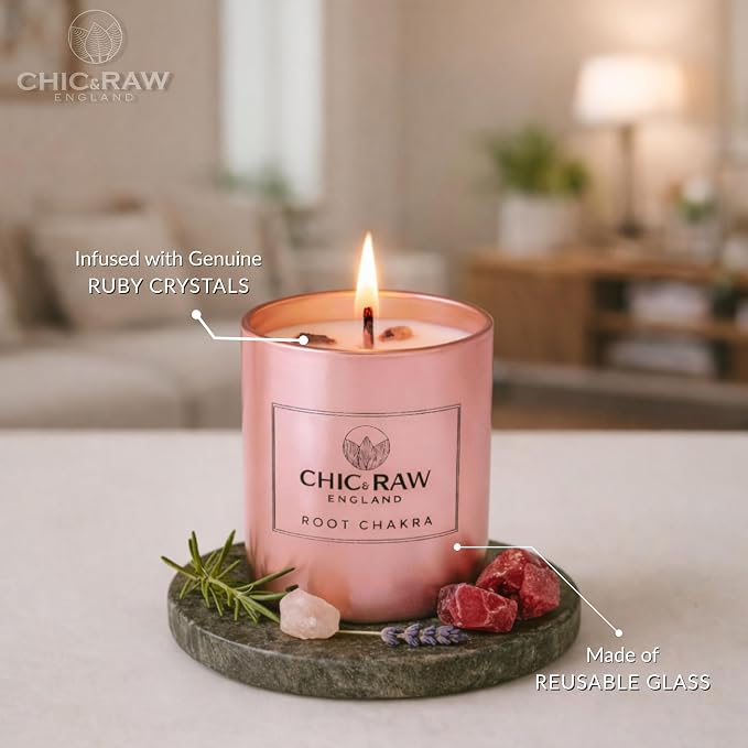 Aromatherapy Candle with Crystal Ruby Root Chakra, Scented Candle in Rose Gold, Luxury Long-Lasting Burn Natural Soy Candle for Home Scented, Unique Healing Gifts for Women,7.05oz