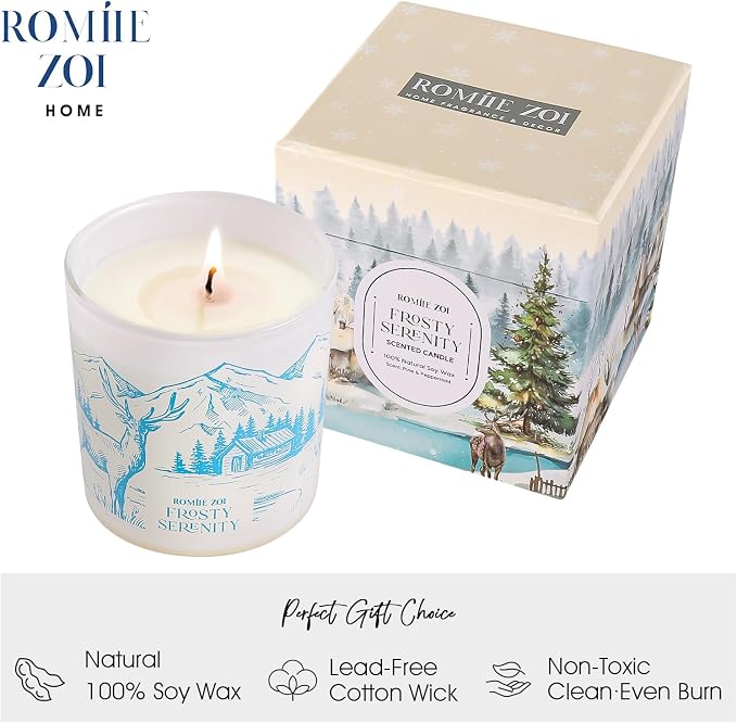 ROMIIE ZOI Christmas Scented Jar Candle - 6oz Soy Wax Candle - Frosty Serenity Infused with Frosted Mint & Fir Aroma - with Beautiful Keepsake Box Special for Christmas/Holiday Gifts