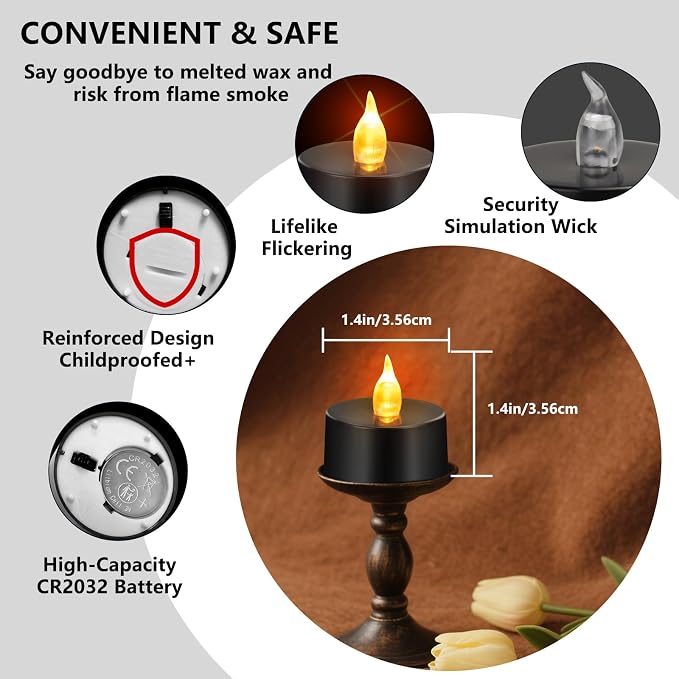 Tea Lights Battery Operated Candles LED Tea Lights Flameless Candles 200+ Hours Flickering Fake Tealights for Halloween, Christmas Aniversary Home Table Decor(Black, 50 Pack)