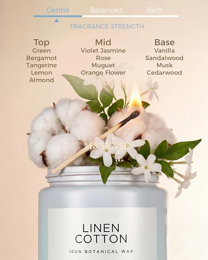 M&SENSE Fresh & Linen Cotton Scented Candles for Home, 19.4oz Natural Soy Wax, 110-Hour Long Lasting, Non Toxic Clean Cotton Scent for Laundry Day, Aromatherapy Home Fragrance Gifts for Family