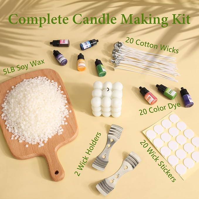 SAEUYVB Soy Wax for Candle Making,5lbs Natural Soy Wax Pellets with 20 Color Liquid Dye,20 Cotton Wicks,Complete Candle Making Supplies for Adults- Ideal for Home Decoration & DIY Gifts