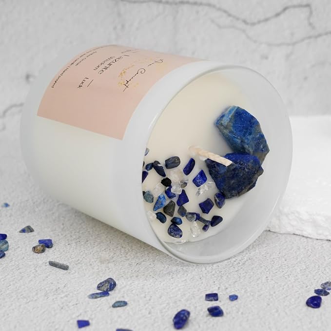 Lazurite Crystal Candle – 10oz / 280g | Amber Ocean Aromatherapy | Hand-Poured Soy Wax | Genuine Lapis Lazuli Healing Crystals Embedded | Power, Wisdom & Luck | Gift Box Included