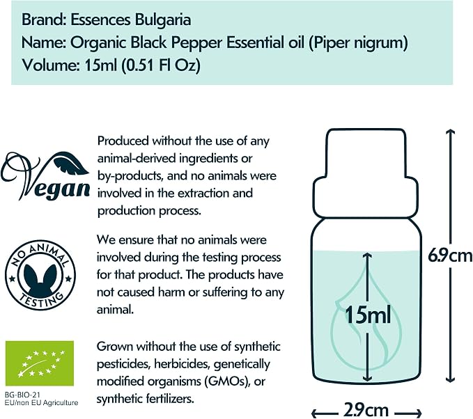 Essences Bulgaria Organic Black Pepper Essential Oil 0.51 Fl Oz | 15ml Piper nigrum - 100% Pure Natural Undiluted Therapeutic Grade for Aromatherapy Humidifier and Relaxing Massage to Ease Joint Ache
