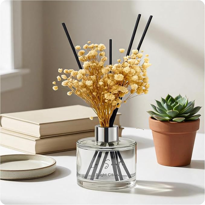 Bright Citrus Reed Diffuser Set for Home & Office - 6.7oz Natural Essential Oil Fragrance with Glass Bottle, Black Rattan Sticks & Preserved Flowers, Long Lasting Scent