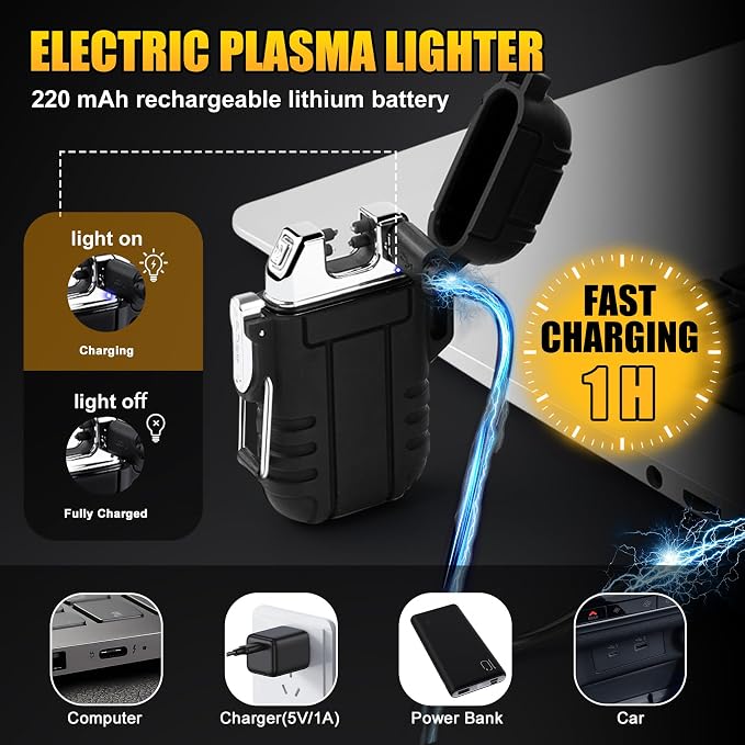 LcFun Fathers Day Dad Gifts Electric Lighter Windproof Dual Arc USB Rechargeable Flameless Plasma Lighters Waterproof Matches for Camping Hiking Survival Tactical Gear Birthday Gifts for Men