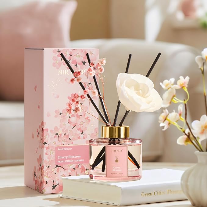 Airkeep Flower Reed Diffuser Set, Cherry Blossom Diffuser Set, 5.07 Fl.oz (150ml), Home Fragrance, Bathroom, Bedroom & Home Décor, Air Freshener