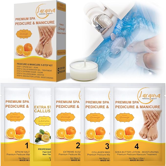 Deluxe Pedicure 6 Step in 1 Box – Epsom Salt, Callus Remover, Extreme Sugar Scrub, Collagen Mask, Massage Oil Candle & Shea Butter Lotion. (Orange 03 Set)