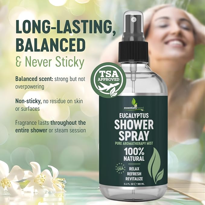 Pure Eucalyptus Shower Spray Travel Size (3.4oz) - 100% Pure and Organic Oil - Eucalyptus Spray for Shower, Sauna and Spa - Steam Room Oil - TSA Approved - Travel Size (3.4oz) - Made in USA