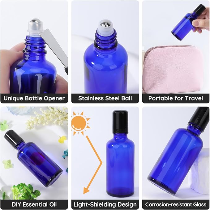 Segbeauty 1.69oz Glass Essential Oil Roller Bottles Refillable, 5Pack of Empty Rollerball Bottles for Oil, 50ml Blue Leakproof Perfume Oils Bottle with Dispensing Tools, Anointing Oils Bottle