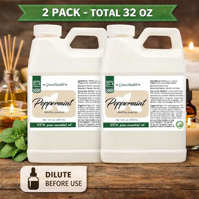 GreenHealth Peppermint Essential Oil – 2 Pack (16 fl oz Each) – 100% Pure & Uncut – White Plastic Jugs – Bulk Essential Oil for Diffusers, DIY, Cleaning