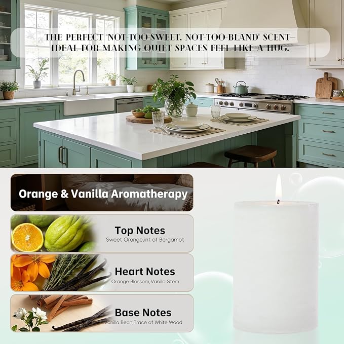 4 Pcs White Orange Vanilla Scented Pillar Candles, 60H Long-Lasting Burn,2.8x4in,Non-Toxic Smokeless,Warm Cozy Aromatherapy for Home Ambience/Relaxation,Ideal Gift for Birthday/Valentine's Day