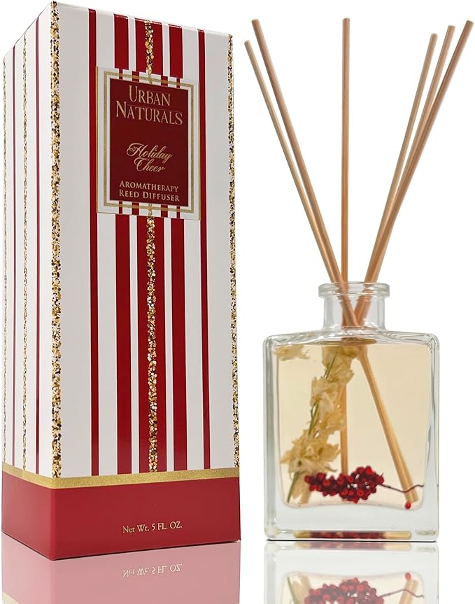 Urban Naturals Holiday Cheer Reed Diffuser Set – Cranberry, Cinnamon, Evergreen, Cedar & Smokey Wood – Made with Essential Oils – Sleek Rectangular Refillable Glass Bottle – Made in the USA