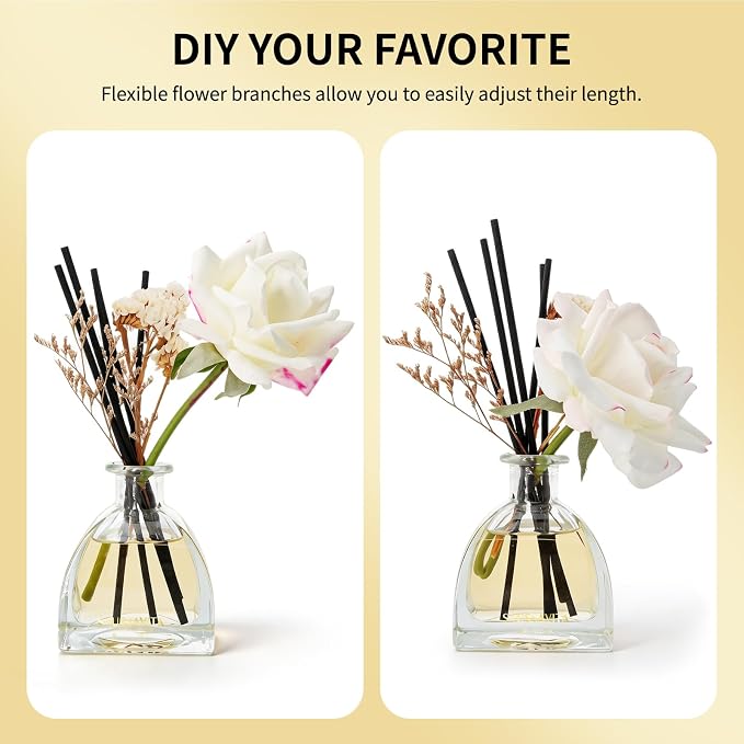 Reed Diffusers Set Jasmine&Lily Scented Diffuser for 140 Days, Flower Diffuser 8.5 fl oz with Dried Flowers and Decorative Rose, Long Lasting Home Fragrance Bathroom, Shelf, Office Decor