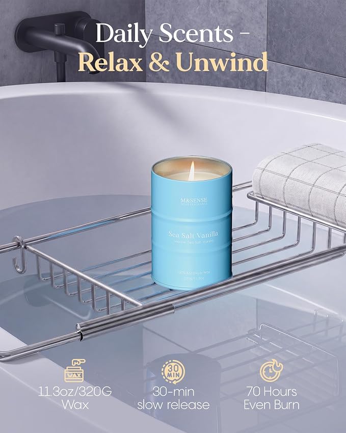 M&SENSE Sea Salt Vanilla Beach Scented Candles, Coastal Soy Candle, Summer Candle for Stress Relief Meditation Relaxing, Housewarming Gifts for Women Men, 11.3oz 70 Hour Long Burning
