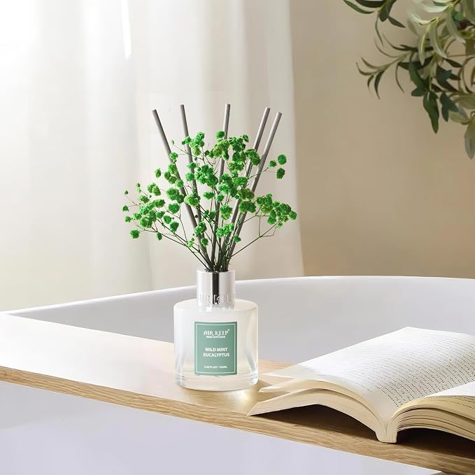 Airkeep Reed Diffuser Set,3.38 fl oz (100 ml) - Wild Mint&Eucalyptus Oil Diffusers with 8 Reed Sticks, Home Fragrance Reed Diffuser for Bathroom Shelf Decor
