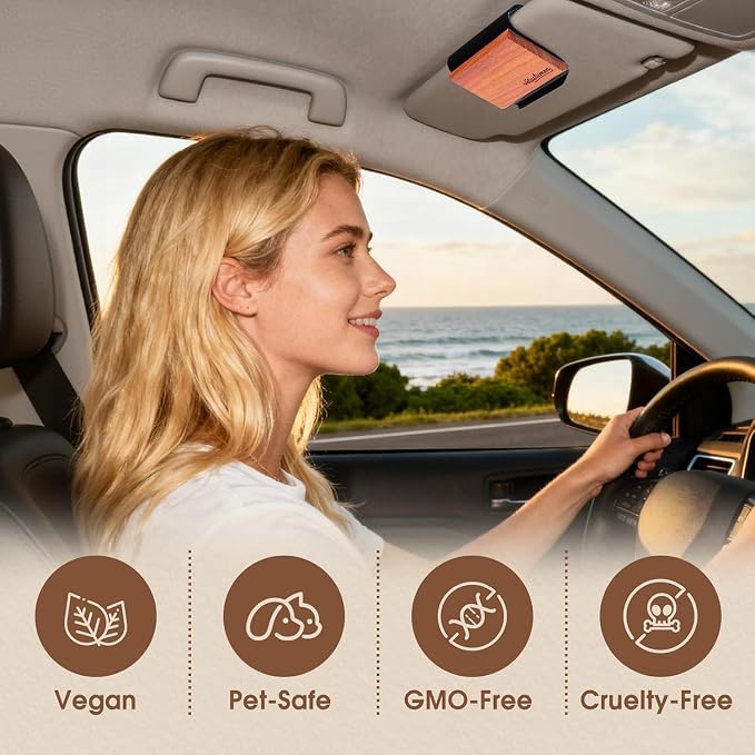6 Pack Wood Car Air Freshener -3 Scents(Amber-Teak-Pine) Wooden Air Freshener, Natural Essential Oil Scents - Metal Clip Included
