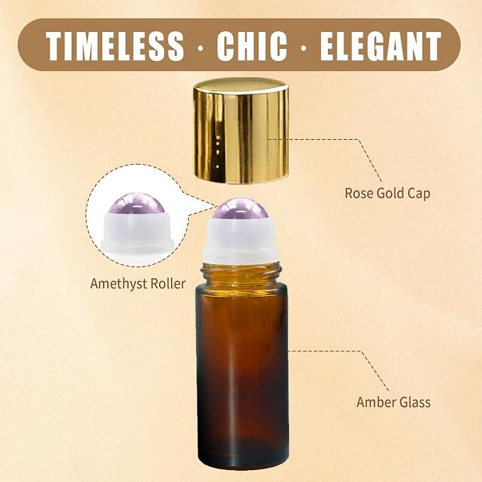 Amethyst Roller Bottles for Essential Oils, 50ml Refillable Amber Glass Roll On Bottles with Natural Crystal Roller Balls, Leak-Proof Travel Perfume Bottle with Gold Caps