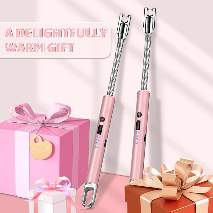 2 Pack Electric Candle Lighters, USB Rechargeable Lighter with Windproof Flameless & Extended Handle, Suitable for Candles, BBQ, Camping, Gas Stove, Festivals Gift (Pink, 2 Packs-A)