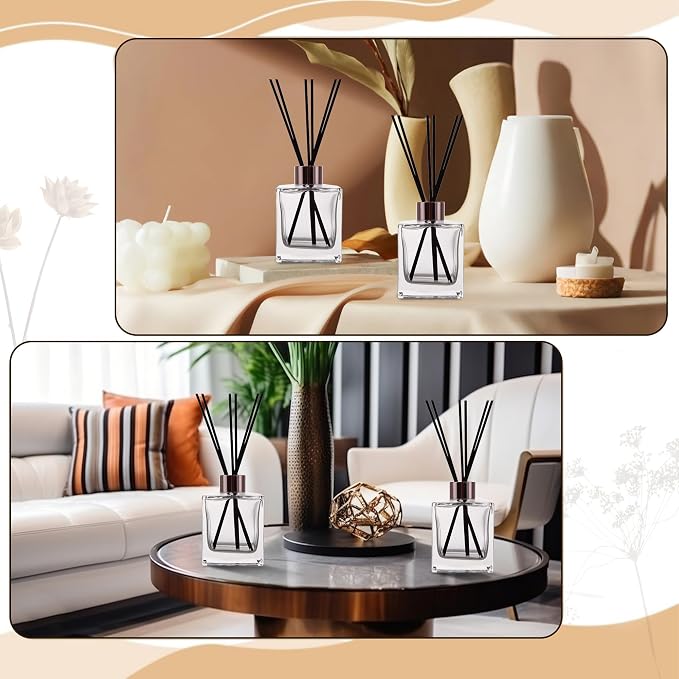 6 Pack Perfume Reed Diffuser Bottle,Empty Square Essential Oil Bottles Glass Jar with Black Sticks for DIY Fragrance Replacement Diffuser Sets (200ml/6.8 oz, Transparent Color)