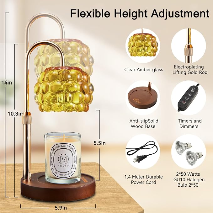Candle Warmer Lamp with Timer Adjustable - Height Candle Warmer, Dimmer, Vintage Glass Wax Melting Lamps for Home Decor, for Candles in Jars with 2 Bulbs