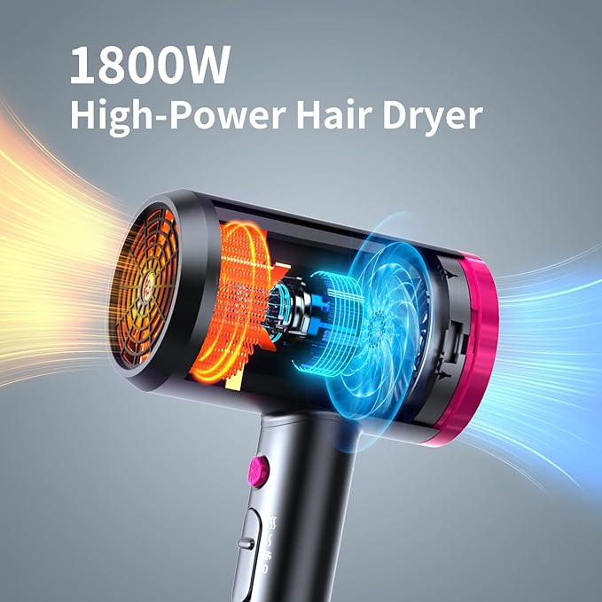 ANNE BETTY Ionic Hair Dryer with Diffuser, Powerful 1800W Blow Dryer for Women & Men, Fast-Drying Hair Dryer with Nozzle for Home, Salon, Travel