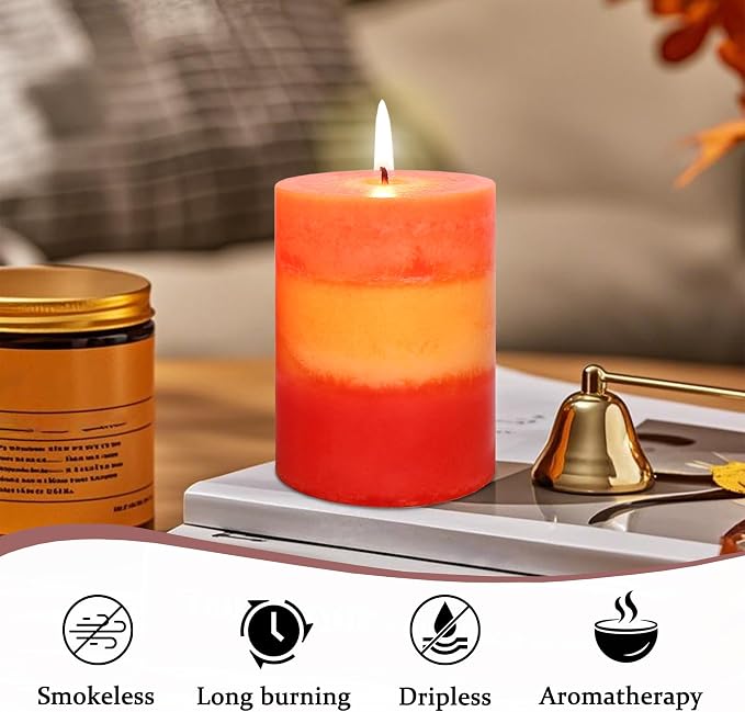 3×4 Inch Orange Pillar Candles, Pumpkin Scented Candles - 35+ Hour Long Lasting Clean Burning, Fall Harvest Celebration Aromatherapy Candles for Thanksgiving Day Dinner Table Décor, Set of 3