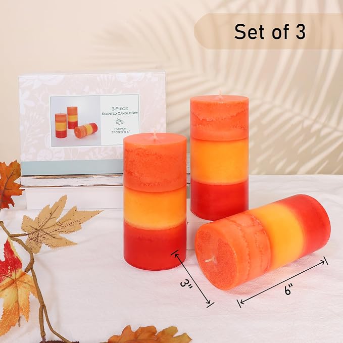 3×6 Inch Orange Pillar Candles, Pumpkin Scented Pillar Candles - Long Burning 70+ Hours, Dripless & Smokeless, Aromatherapy Candles for Thanksgiving Day Dinner Table Décor, Set of 3