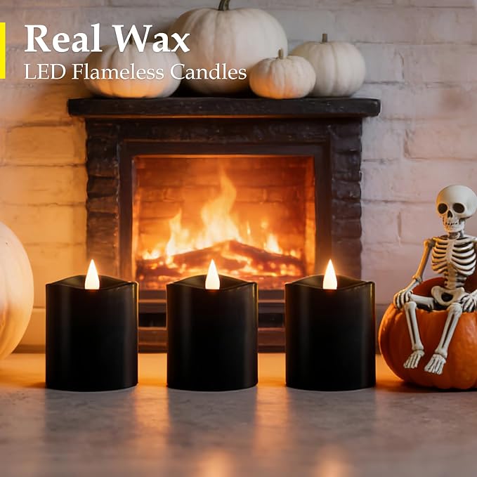 3inch Black Pillar Flameless Candles - 3D Flickering, Remote Timer, Battery Operated, 600+ Hours, Halloween & Gothic Themed Decor (Black, 3"*3"-3pcs)