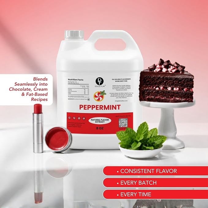 Dolce Flav Natural Peppermint Extract – 8 Ounce Oil-Soluble Kosher, Sugar-Free, Concentrated Pure Mint Flavor for Hard Candy, Chocolates & Baking, Includes Measured Dropper