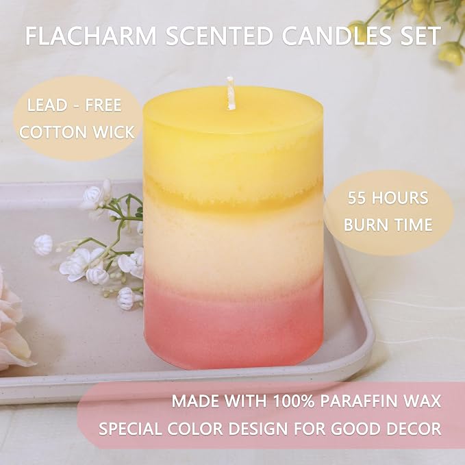 Sweet Scented Candles 3x4 Inch Pillar Candle Honeysuckle Scented Layered Yellow White Pink Aesthetic Decorative Candle for Living Room Bathroom Emergency Spa Aroma Birthday Gift Party Decor, Set of 3