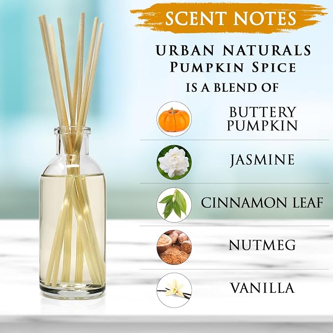 Urban Naturals Pumpkin Spice Reed Diffuser Set - Buttery Pumpkin with Jasmine, Cinnamon Leaf, Nutmeg and Vanilla - Made in the USA