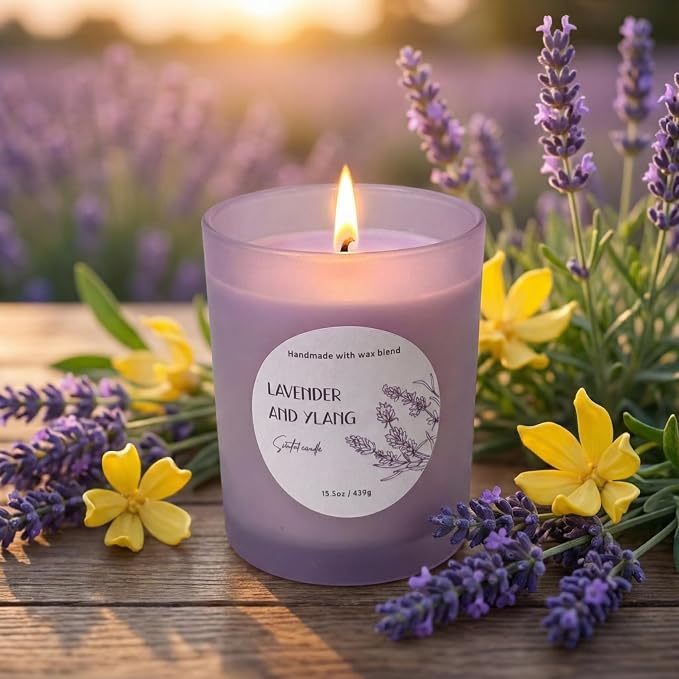 CW Studio Lavender & Ylang 15.5oz Scented Candle – Hand-Poured Soy Wax Blend in Color Glass Jar with Lid, Long-Lasting Aroma for Relaxation, Self-Care, Home Decor.