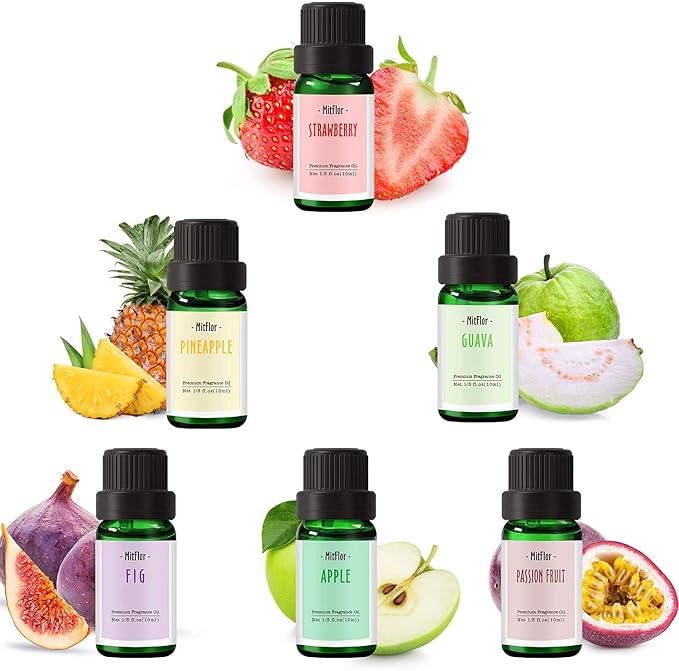 Fruit Essential Oils, MitFlor Premium Fragrance Oil for Candle Soap Making, 6x10ml, Summer Refreshing Diffuser Oil Scents, Guava, Strawberry, Passion Fruit, Apple, Fig, Pineapple