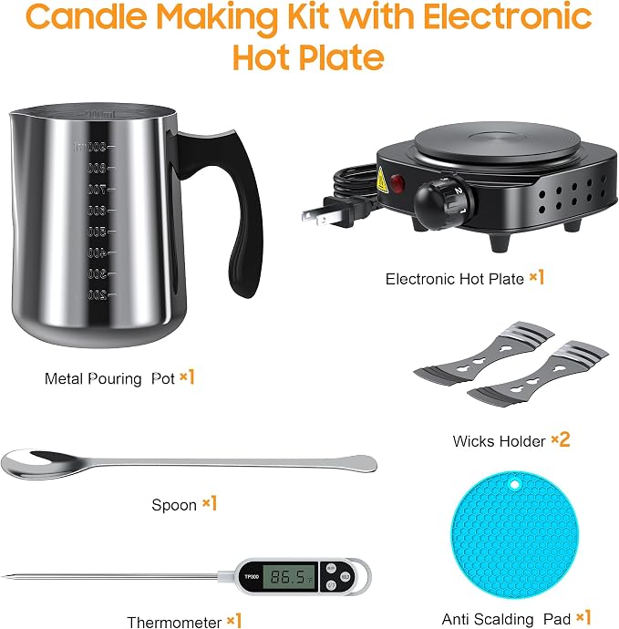 Ohcans Candle Making Kit with Electronic Hot Plate, Candle Making Kit for Adults, DIY Starter Candle Making Supplies, with 900ml Candle Make Pouring Pot, Stirring Spoon, Wicks Holder, Thermometers