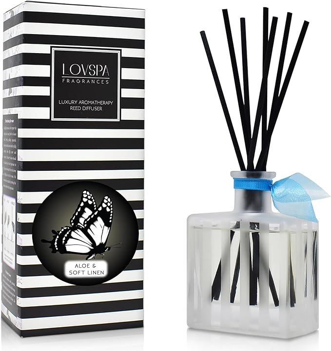 Reed Diffuser Set, Aloe & Soft Linen Scented Oil Diffuser with Sticks, Home Fragrance Accessories for Bathroom Shelf Decor, Aroma Diffusers for Home or Office Desk, USA Made