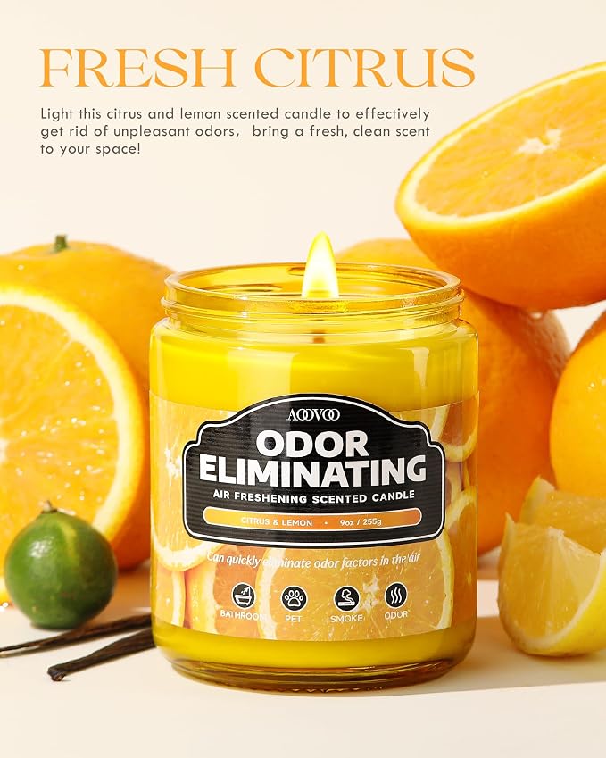 AOOVOO Citrus & Lemon 2 Pack Odor Eliminating Highly Fragranced Candle - Eliminates 95% of Pet, Smoke, Food and Other Smells Quickly, Non Toxic Air Freshing Soy Candle, 18 oz Up to 100 Hours Burn time
