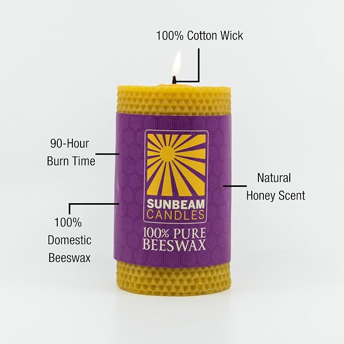 Sunbeam Candles 100% Pure Beeswax Pillar Candles | Long Burning All Natural Non-Toxic Beeswax Candles | Made in USA (Honeycomb, Natural Gold, 3"x6")