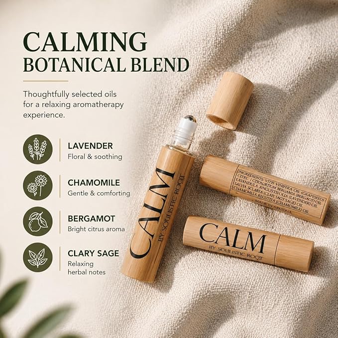 Soulistic Root Calm Essential Oil Roller, Calm Essential Oil Roll On Blend, 10ml Glass Roller- Stress Relief, Essential Oil Blends, Aromatherapy Self Care Products for Women