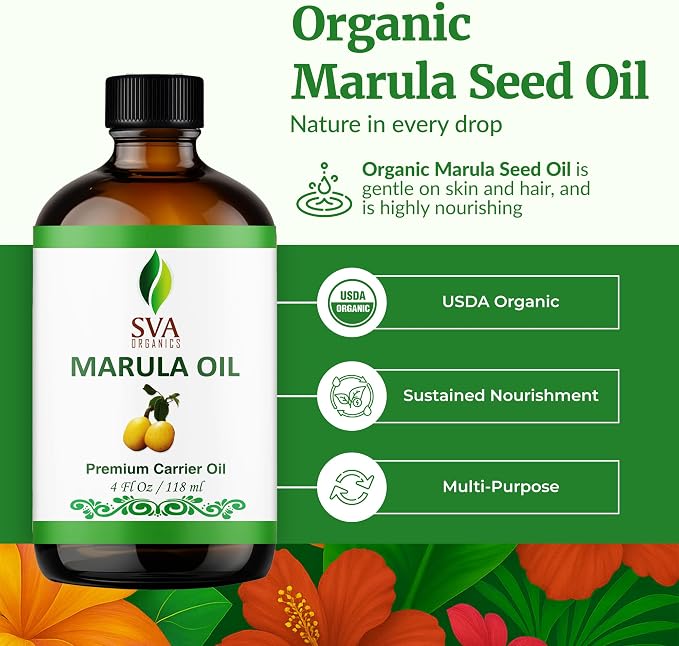 SVA Organic Marula Seed Oil - 4 Fl Oz - 100% Natural Cold Pressed Virgin Marula Oil Organic - for Face, Skin Care, Hair Care, Scalp Massage & Body Massage – Unrefined Carrier Oil with Dropper