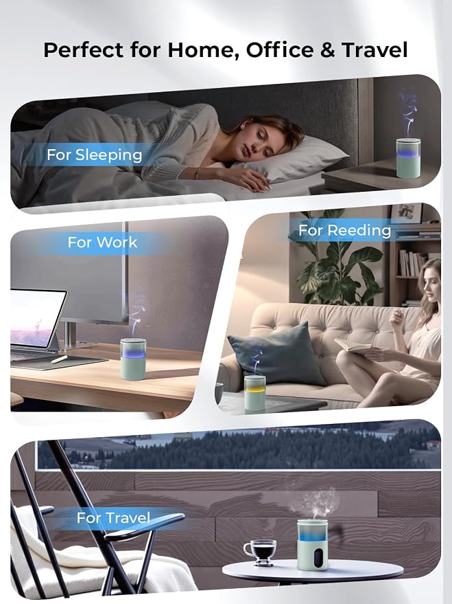 Waterless Essential Oil Diffuser: 𝟗 𝐂𝐨𝐥𝐨𝐫𝐬 𝐋𝐄𝐃 Scent Diffuser for Home&Car&Office - Portable Diffuser with 48H Battery, 4 Timers & 3 Mist Levels, Light Green