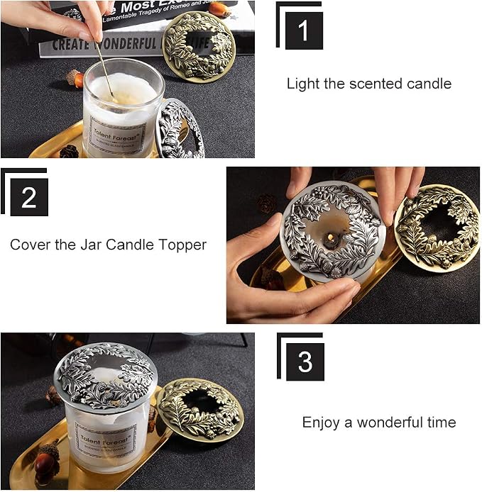 PH PandaHall 2 Pack Candle Topper Leaf Pine Candle Topper Shade Jar Lid Shade Sleeves for Jar Candles - Help Candles Melt Evenly and Look Great, 3.19 in Diameter(Antique Bronze & Antique Silver)